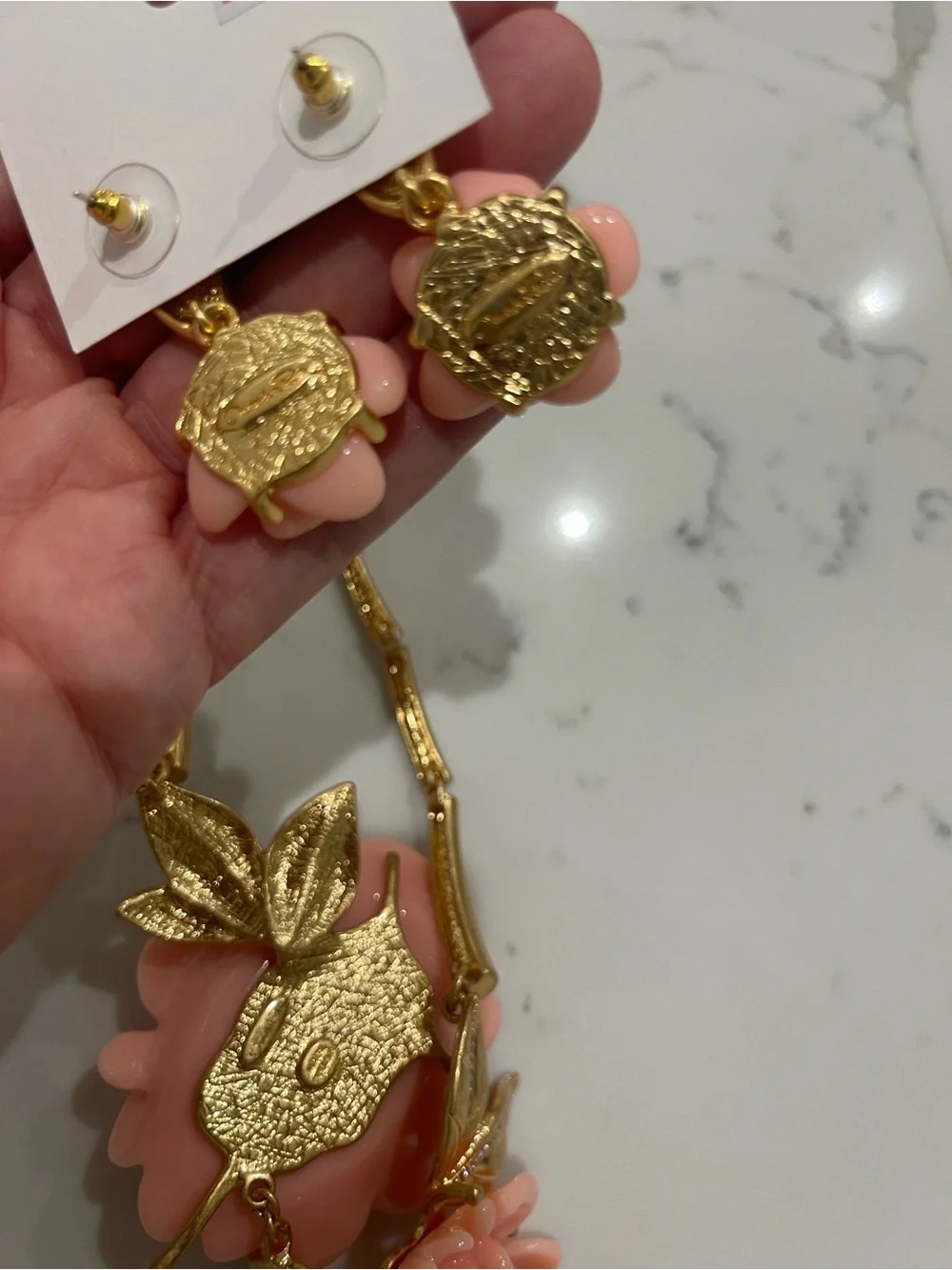 Vintage 18K Gold Plated and Pink Floral Statement Necklace and Earring Set